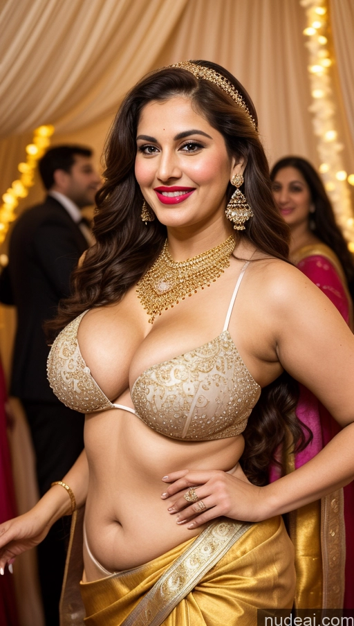 ai nude image of araffed woman in a gold sari posing for a picture pics of Milf Busty Beautiful Lipstick Chubby Thick Big Hips 20s Happy Seductive Brunette Long Hair Russian Party Front View Sari Cleavage Diamond Jewelry Gold Jewelry Bright Lighting Detailed Fairer Skin Jumping