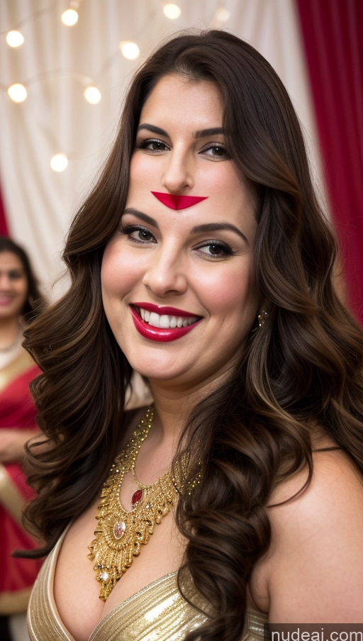 ai nude image of smiling woman with red painted face and gold dress and red lipstick pics of Milf Busty Beautiful Lipstick Chubby Thick Big Hips 20s Happy Seductive Brunette Long Hair Russian Party Front View Sari Cleavage Diamond Jewelry Gold Jewelry Bright Lighting Detailed Fairer Skin Jumping