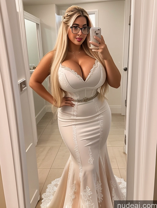 ai nude image of araffe woman in a white dress taking a selfie in a mirror pics of Bimbo Busty Huge Boobs Glasses Big Ass Lipstick Thick Chubby Big Hips Short 18 Blonde Latina Mirror Selfie Bathroom Long Hair Wedding