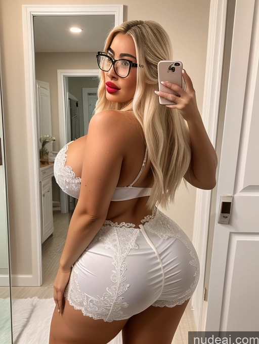 ai nude image of araffe woman in white lingerie taking a selfie in a mirror pics of Bimbo Busty Huge Boobs Glasses Big Ass Lipstick Thick Chubby Big Hips Short 18 Blonde Latina Mirror Selfie Bathroom Long Hair Wedding