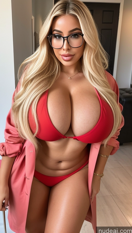 ai nude image of a close up of a woman in a red bikini and glasses pics of Bimbo Busty Huge Boobs Glasses Big Ass Lipstick Thick Chubby Big Hips Short 18 Blonde Latina Long Hair Party Trench Coat