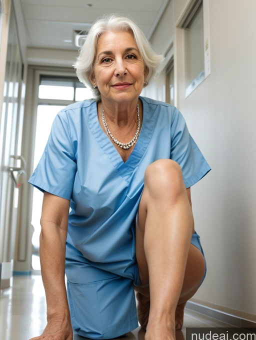 ai nude image of arafed woman in scrubs crouching down on the floor pics of Woman One Beautiful 70s White Hair Hair Bun Soft + Warm Hospital Front View Nude Bright Lighting Detailed Jewish Pubic Hair Spreading Legs