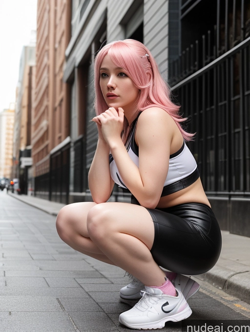 ai nude image of there is a woman with pink hair squatting on the sidewalk pics of One Big Ass Beautiful Detailed Fairer Skin Perfect Boobs Short White Athlete 18 Skin Detail (beta) Street Squatting Seductive Pink Hair Long Hair Cosplay Leather