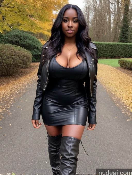 ai nude image of a woman in a black leather dress and thigh high boots pics of Busty Perfect Boobs Beautiful Perfect Body Dark Skin Boots Dress Leather Jacket Long Hair