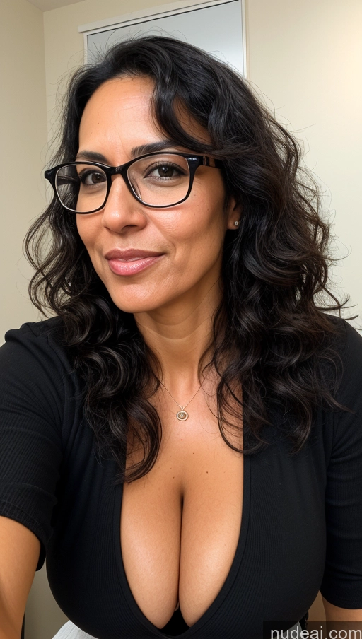 ai nude image of there is a woman with glasses and a black top posing for a picture pics of Woman Perfect Boobs Curly Hair Professor 40s Sexy Face Cumshot Tanned Skin Glasses Black Hair Front View