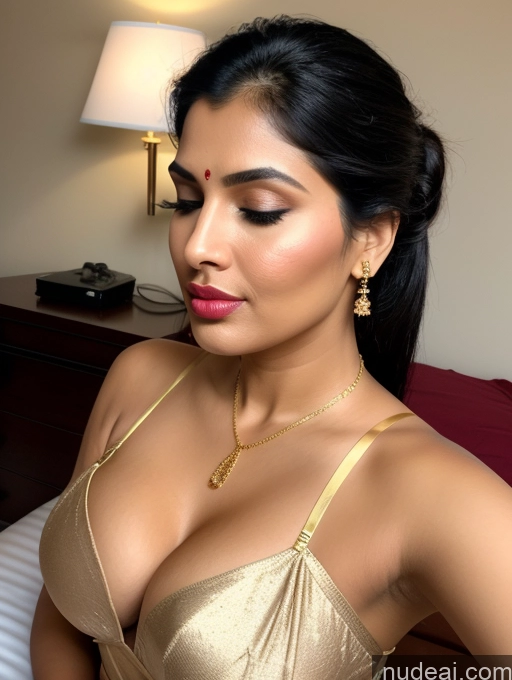 ai nude image of araffed woman in a gold dress posing for a picture pics of Orgasm Indian 3d Seductive Pouting Lips Gold Jewelry Cleavage Maid Bedroom Fat Tall Big Hips Bending Over Miss Universe Model 40s Black Hair Ponytail Close-up View Lingerie Sari