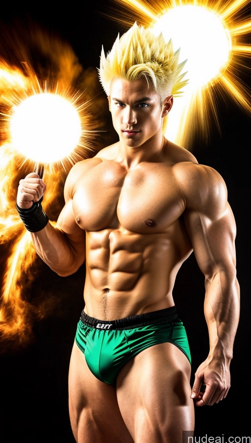 ai nude image of arafed male in a green underwear holding a glowing ball pics of Japanese Abs Powering Up Bodybuilder Super Saiyan Martial Arts Busty Small Tits Super Saiyan 3