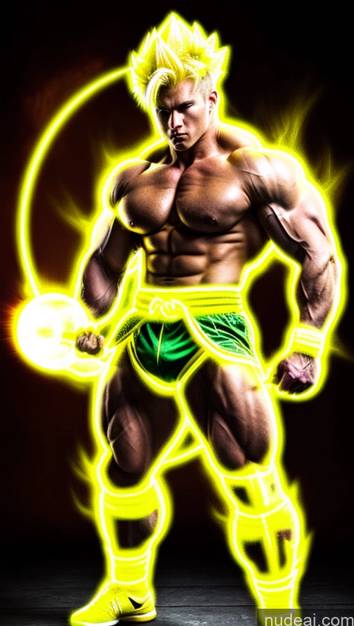 ai nude image of a close up of a man with a yellow shirt and green shorts pics of Japanese Abs Powering Up Super Saiyan Martial Arts Busty Small Tits Bodybuilder Super Saiyan 3 Neon Lights Clothes: Yellow