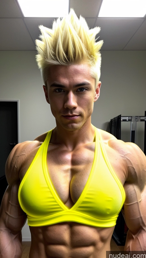 ai nude image of arafed male bodybuilde posing in a gym room with a yellow top pics of Bodybuilder Perfect Boobs Super Saiyan Abs Japanese Neon Lights Clothes: Yellow