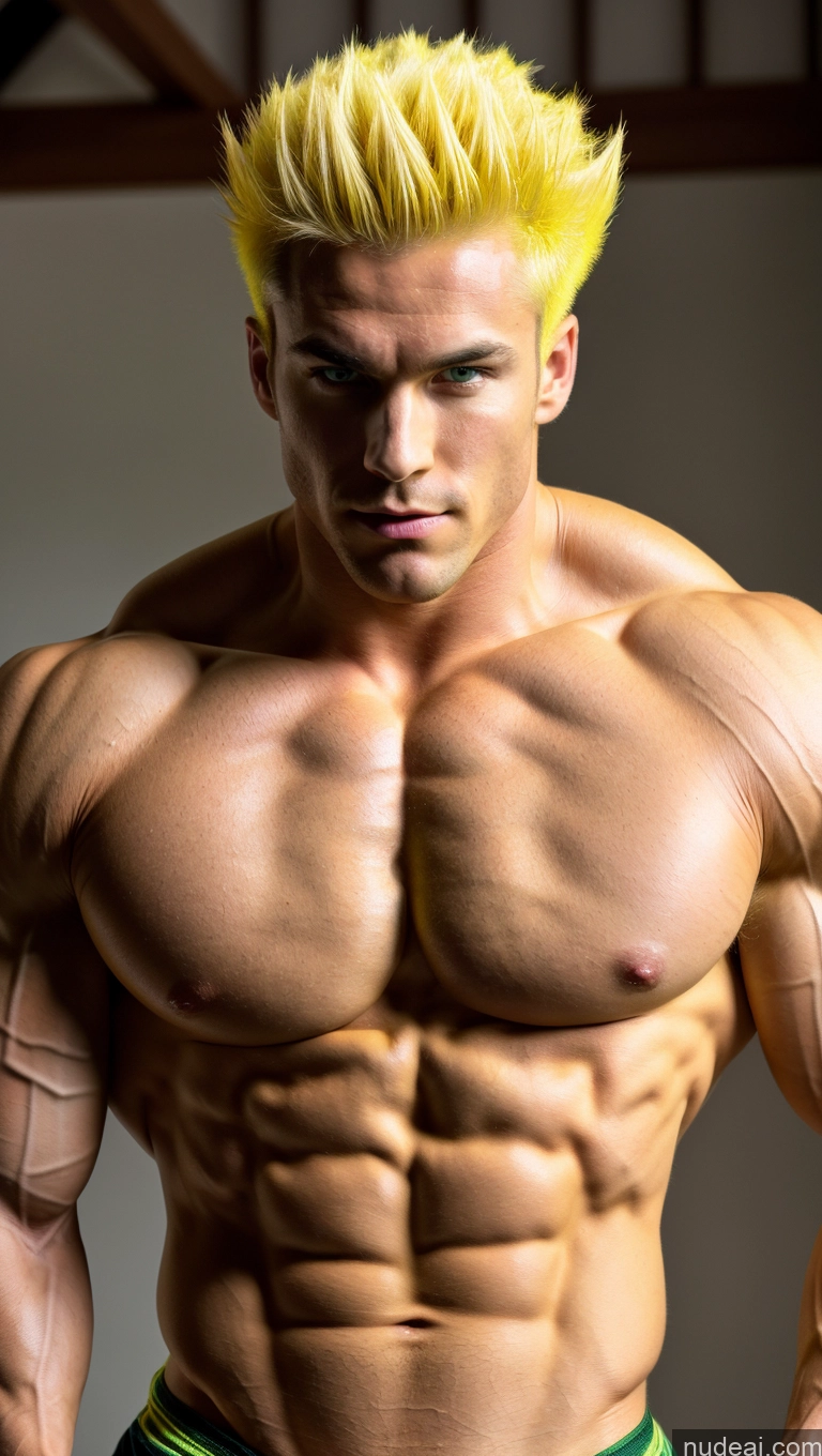 ai nude image of arafed male bodybuilder with yellow hair and no shirt pics of Super Saiyan Abs Japanese Neon Lights Clothes: Yellow Busty Small Tits Bodybuilder