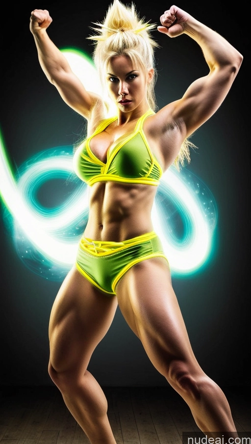 ai nude image of a woman in a yellow bikini posing for a picture pics of Japanese Powering Up Perfect Boobs Super Saiyan 3 Neon Lights Clothes: Yellow Muscular Abs Super Saiyan Martial Arts