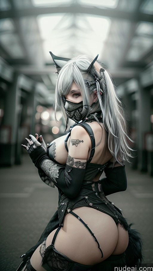 ai nude image of there is a woman in a cosplay outfit posing for a picture pics of Close-up View Goth Gals V2 Dangerous Beast Cosplay Straddling Busty Perfect Boobs White Hair Face Mask Spread_legs, Pussy, Split_legs Gothic Punk Girl