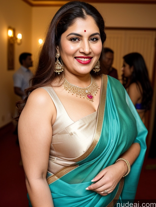 ai nude image of smiling woman in a sari posing for a picture in a room pics of Milf Busty Beautiful Lipstick Thick Chubby Big Hips Long Hair Fairer Skin Happy Seductive Party Front View Sari Bright Lighting Detailed 50s Ginger Indian Skin Detail (beta) Blouse Jewelry Bending Over