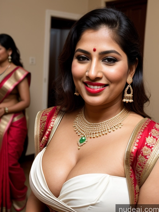 ai nude image of there is a woman in a white dress with a red and gold necklace pics of Milf Busty Beautiful Lipstick Thick Chubby Big Hips Happy Seductive Party Front View Sari Bright Lighting Detailed Ginger Indian Skin Detail (beta) Blouse Jewelry Cleavage Orgasm Slicked