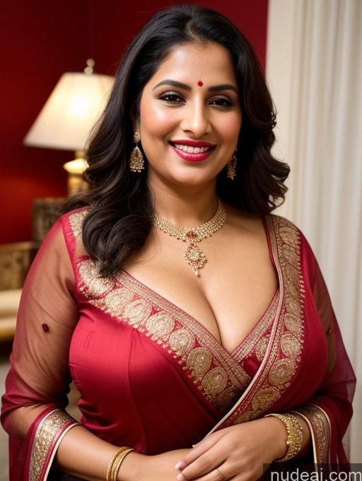 ai nude image of araffe woman in a red sari posing for a picture pics of Milf Busty Beautiful Lipstick Thick Chubby Big Hips Happy Seductive Party Front View Sari Bright Lighting Detailed Ginger Indian Skin Detail (beta) Blouse Jewelry Cleavage Orgasm Slicked