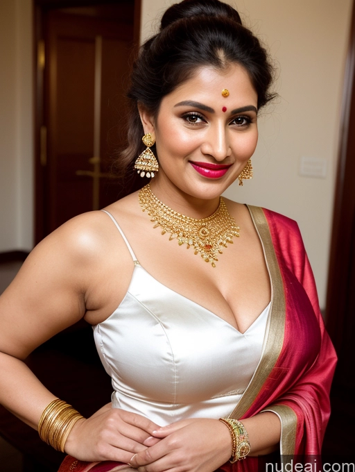 ai nude image of araffe woman in a white top and red sari posing for a picture pics of Milf Busty Beautiful Lipstick Thick Chubby Big Hips Fairer Skin 50s Happy Seductive Ginger Indian Skin Detail (beta) Party Front View T-pose Sari Diamond Jewelry Gold Jewelry Bright Lighting Detailed Hair Bun