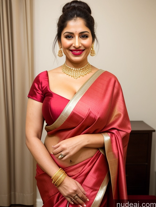 ai nude image of arafed woman in a red sari posing for a picture pics of Milf Busty Beautiful Lipstick Thick Chubby Big Hips Fairer Skin 50s Happy Seductive Ginger Indian Skin Detail (beta) Party Front View T-pose Sari Diamond Jewelry Gold Jewelry Bright Lighting Detailed Hair Bun Cleavage