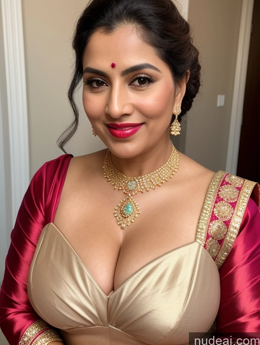 ai nude image of a close up of a woman in a gold dress with a necklace and earrings pics of Milf Busty Beautiful Lipstick Thick Chubby Big Hips 50s Happy Seductive Ginger Indian Skin Detail (beta) Front View T-pose Diamond Jewelry Gold Jewelry Bright Lighting Detailed Hair Bun Satin Sari