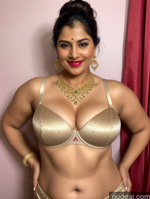 ai nude image of araffe woman in a gold bra and gold panties posing for a picture pics of Milf Busty Beautiful Lipstick Thick Chubby Big Hips 50s Happy Seductive Ginger Indian Skin Detail (beta) Front View T-pose Diamond Jewelry Gold Jewelry Bright Lighting Detailed Hair Bun Satin Sari Bra