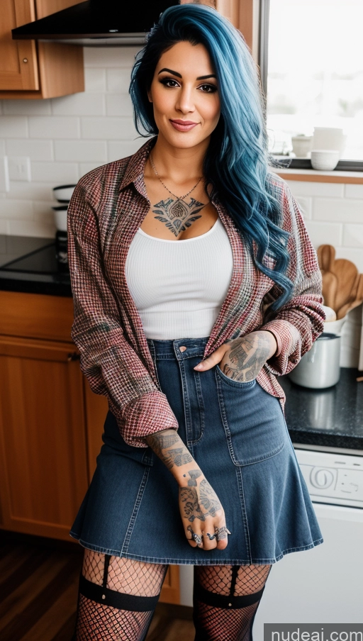 ai nude image of arafed woman with blue hair and tattoos posing in a kitchen pics of Tattoos Messy Persian Front View 20s Blue Hair Kitchen Eating Blouse Fishnet High Socks Long Skirt Lumberjack Jeans Jacket Shirt Woman Dress Pantyhose Western