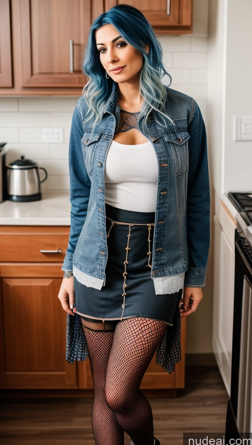 ai nude image of there is a woman with blue hair and a denim jacket pics of Tattoos Messy Persian Front View 20s Blue Hair Kitchen Eating Blouse Fishnet High Socks Long Skirt Lumberjack Jeans Jacket Shirt Woman Dress Pantyhose Western