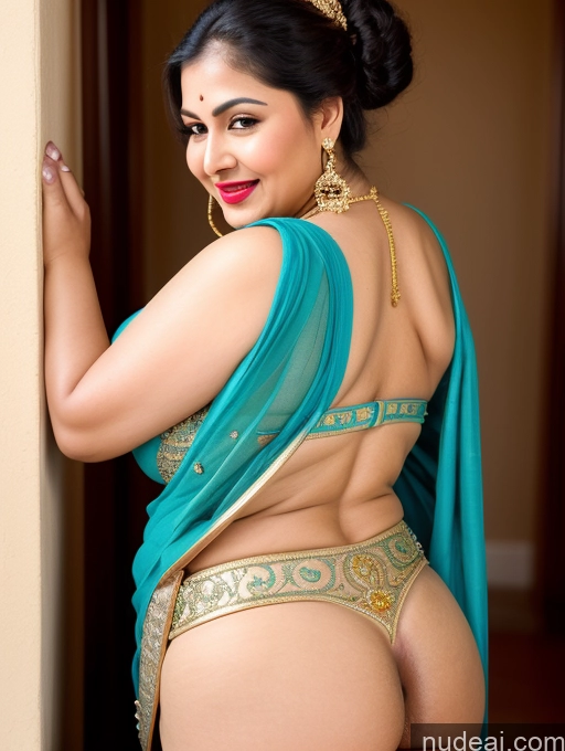 ai nude image of araffe woman in a sari posing for a picture pics of Milf Busty Beautiful Lipstick Thick Chubby Big Hips 50s Happy Hair Bun Indian Skin Detail (beta) Diamond Jewelry Gold Jewelry Bright Lighting Detailed Sari Ass Grab From Behind