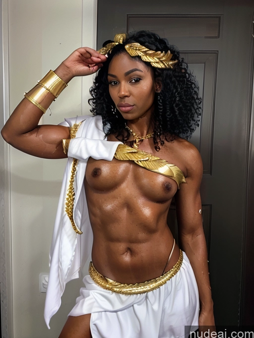 ai nude image of arafed woman in a white outfit posing for a picture pics of Woman Abs Perfect Body Oiled Body 20s Curly Hair African Detailed Menstoga, White Robes, In White And Gold Costumem, Gold Headpiece, Gold Belt, Gold Chain