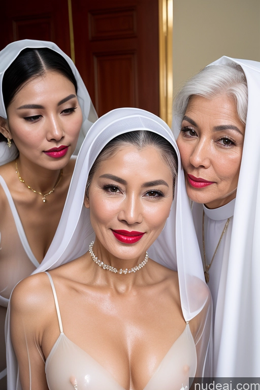 ai nude image of three women in white dresses and veils posing for a picture pics of Miss Universe Model Lipstick Oiled Body 60s White Hair Cumshot Pearl Jewelry Transparent Partially Nude Nun Chinese Laughing