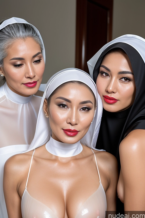 ai nude image of three women in nun suits posing for a picture together pics of Miss Universe Model Lipstick Oiled Body 60s White Hair Cumshot Pearl Jewelry Transparent Partially Nude Nun Chinese Sexy Face