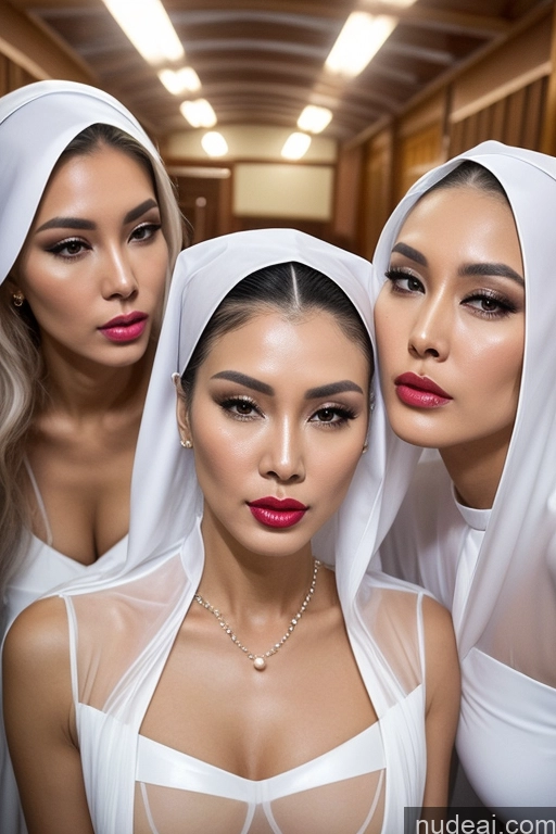 ai nude image of three women in white dresses and headscarves posing for a picture pics of Miss Universe Model Lipstick Oiled Body 60s White Hair Cumshot Pearl Jewelry Transparent Partially Nude Nun Chinese Pouting Lips