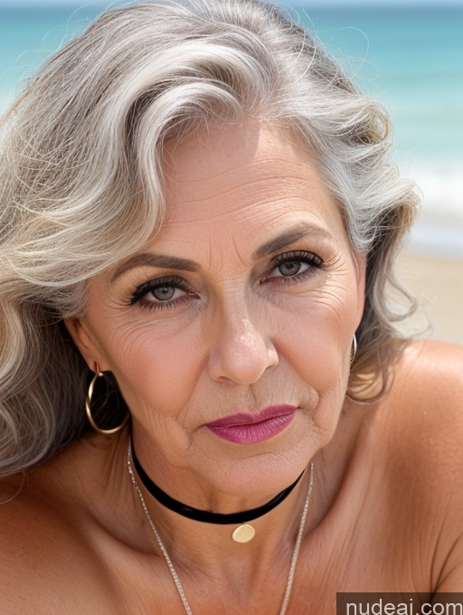 ai nude image of blond woman with grey hair and a choke on a beach pics of Small Tits 80s Seductive Nude Milf Beautiful Sunglasses Small Ass Oiled Body German One Tanned Skin Pouting Lips Sexy Face White Hair Curly Hair Beach Close-up View Choker