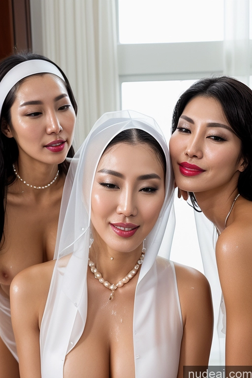 ai nude image of three women in white dresses posing for a picture with a veil pics of Miss Universe Model Lipstick Oiled Body Cumshot Pearl Jewelry Transparent Partially Nude Nun Korean 60s Orgasm