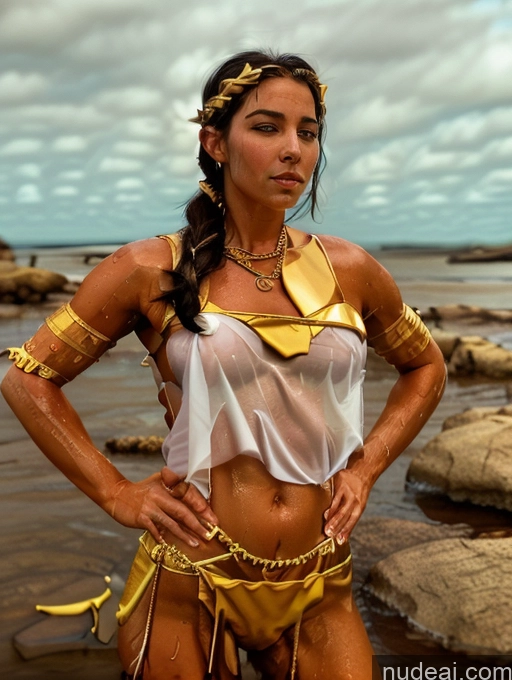 ai nude image of araffe woman in a white and gold outfit standing in the water pics of Woman Perfect Body Abs 20s Pigtails German Detailed Oiled Body Menstoga, White Robes, In White And Gold Costumem, Gold Headpiece, Gold Belt, Gold Chain Wet T-Shirt