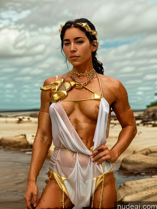 ai nude image of arafed woman in a white and gold outfit standing on a beach pics of Woman Perfect Body Abs 20s Pigtails German Detailed Oiled Body Menstoga, White Robes, In White And Gold Costumem, Gold Headpiece, Gold Belt, Gold Chain Wet T-Shirt