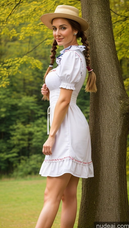 ai nude image of araffe woman in a white dress and hat leaning against a tree pics of Perfect Body 20s Pigtails Woman Hat Dirndl