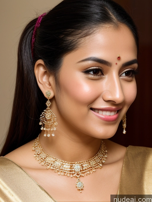 ai nude image of a close up of a woman wearing a gold necklace and earrings pics of Woman Perfect Body 20s Happy Pigtails Middle Eastern Sari Traditional Transparent Jewelry Bright Lighting Detailed Skin Detail (beta)