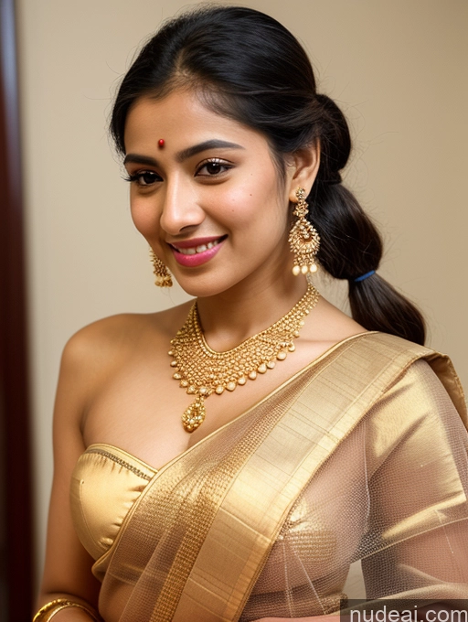 ai nude image of araffe woman in a gold sari with a gold necklace and earrings pics of Woman Perfect Body 20s Happy Pigtails Middle Eastern Sari Traditional Transparent Jewelry Bright Lighting Detailed Skin Detail (beta)