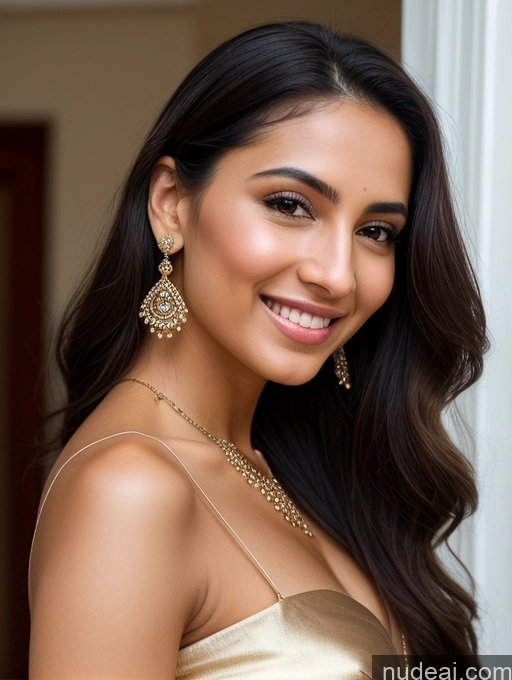 ai nude image of araffe woman in a gold dress smiling and wearing gold jewelry pics of Woman Perfect Body 20s Happy Middle Eastern Transparent Jewelry Bright Lighting Detailed Skin Detail (beta) Long Hair Sari Front View