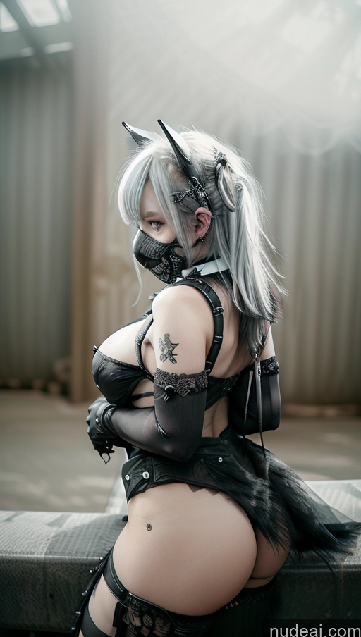 ai nude image of there is a woman with a mask and a corset posing pics of Close-up View Goth Gals V2 Dangerous Beast Cosplay Straddling Busty Perfect Boobs White Hair Face Mask Spread_legs, Pussy, Split_legs Gothic Punk Girl