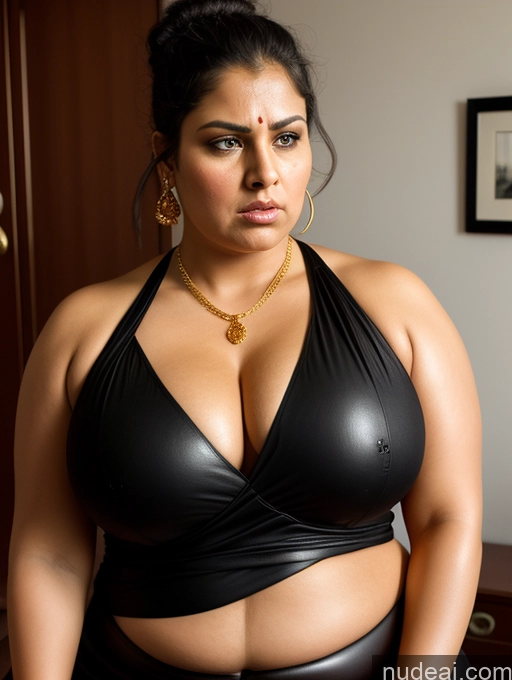 ai nude image of there is a woman in a black top and black pants posing for a picture pics of Athlete Busty Fat Black Hair Indian 3d Bedroom Leather Sari Cleavage Gold Jewelry Jewelry Chubby Thick 40s Hair Bun Angry