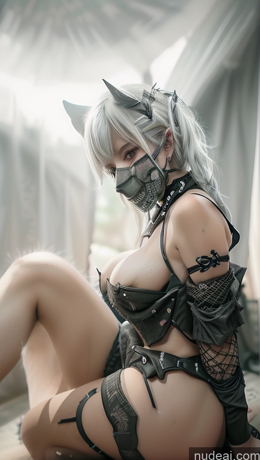 ai nude image of there is a woman in a cosplay outfit posing for a picture pics of Close-up View Goth Gals V2 Dangerous Beast Cosplay Straddling Busty Perfect Boobs White Hair Face Mask Spread_legs, Pussy, Split_legs Gothic Punk Girl Bimbo