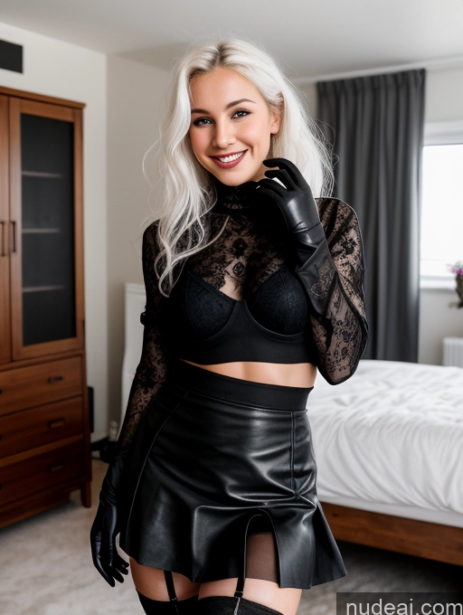 ai nude image of blond woman in black lingersuit posing in a bedroom with a bed pics of Woman Beautiful Skinny Perfect Body 18 Happy German Bedroom Front View Goth White Hair Thigh Socks Messy Mini Skirt Gloves Bra