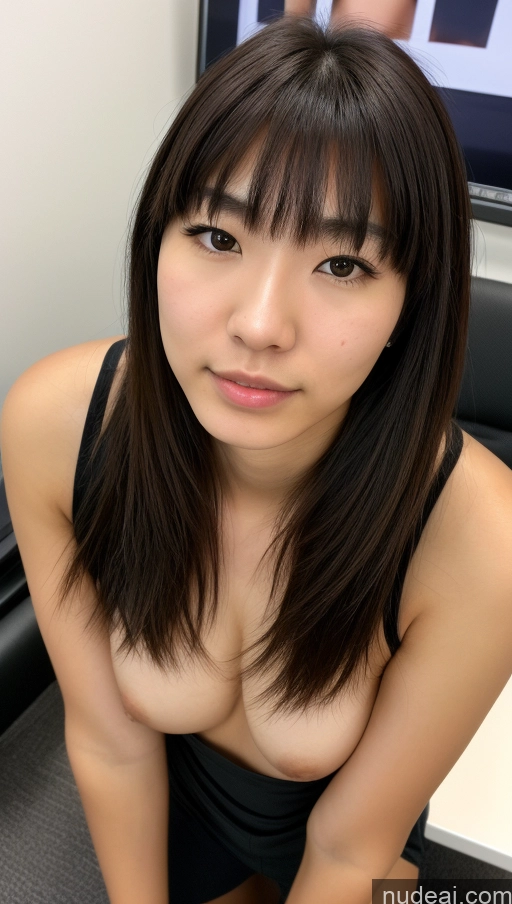 ai nude image of arafed asian woman with a black top and a black skirt pics of Small Tits Pubic Hair 18 Black Hair Bangs Japanese Skin Detail (beta) Office Bright Lighting Detailed High Socks