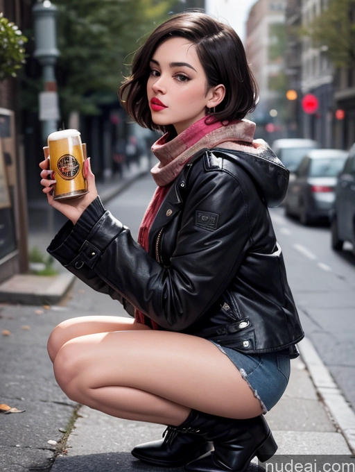 ai nude image of woman in black leather jacket holding a beer on the street pics of Big Ass Thick Chubby Big Hips Long Legs Lipstick Short Hair Vintage Side View Squatting Pouting Lips Boots Parka Mini Skirt 60s Scarf Beer Street British Brunette 20s Woman