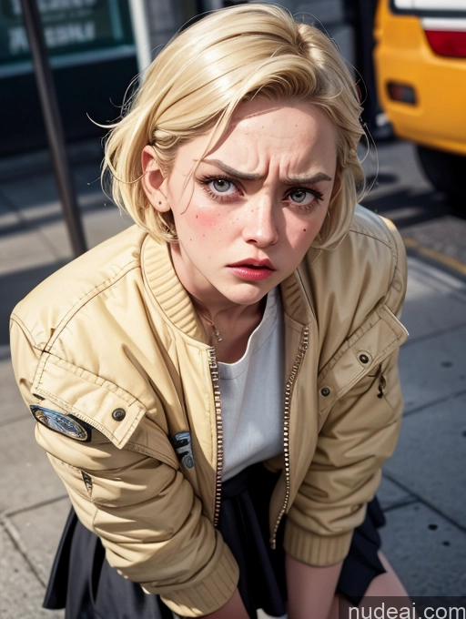 ai nude image of blond woman in a tan jacket crouching down on a sidewalk pics of Boots Woman Micro Skirt 18 Vintage Bomber Sweater Thick Short Angry Blonde Pixie Swedish Street Cumshot