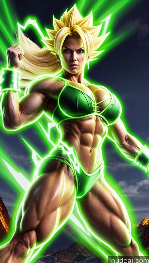 ai nude image of a woman in a green outfit is posing for a picture pics of Bodybuilder Busty Abs Super Saiyan Super Saiyan 3 Green Hair Neon Lights Clothes: Green Powering Up Dynamic View