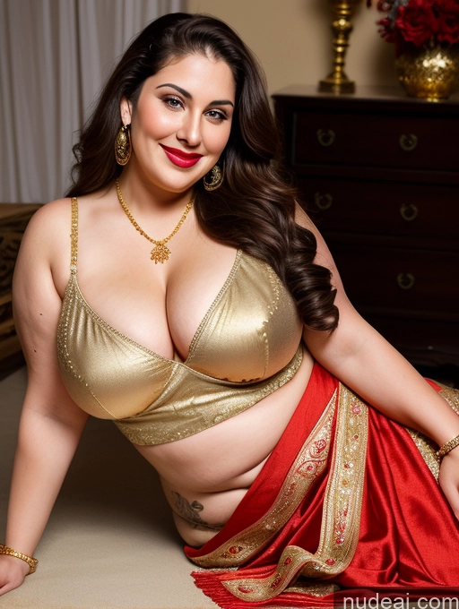 ai nude image of araffe woman in a gold and red sari posing for a picture pics of Milf Busty Beautiful Tattoos Chubby Thick Big Hips Fat 20s Happy Seductive Brunette Long Hair Russian Fairer Skin Party Spreading Legs Sari Cleavage Gold Jewelry Detailed Lipstick