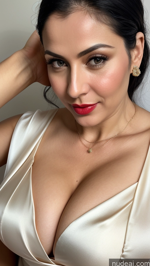 ai nude image of araffed woman in a white dress posing for a picture pics of Woman One Huge Boobs Beautiful Lipstick Fairer Skin 40s Black Hair Slicked Close-up View Detailed Simple Sari Cleavage White