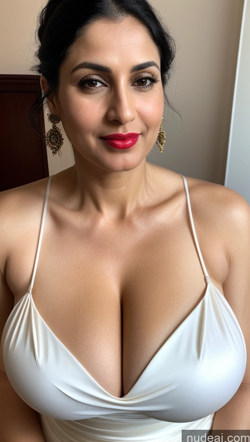 ai nude image of araffed woman in a white dress with big breasts posing for a picture pics of Woman One Huge Boobs Beautiful Lipstick Fairer Skin 40s Black Hair Slicked Close-up View Detailed Simple Sari Cleavage White