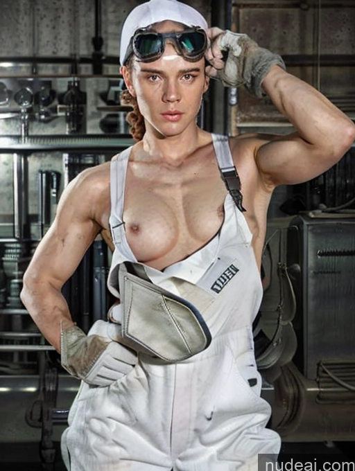 ai nude image of arafed man in a white overalls and goggles posing for a picture pics of Perfect Body Perfect Boobs White Mechanicoveralls, Naked Overalls, Gloves, Goggles On Head, Baseball Cap, Backwards Hat,